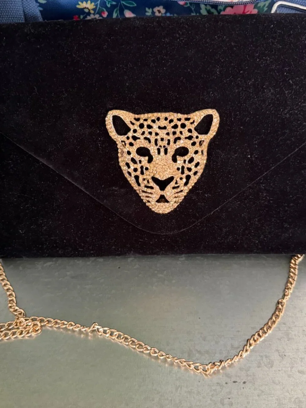 NWT! JNB Black Velvet Clutch w/Gold tone Leopard piece Medallion.